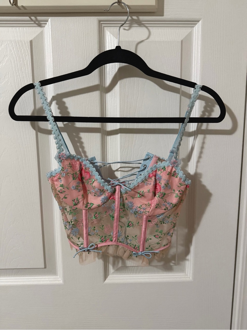 For love and lemons Pink Floral Lace-Up Bustier Crop Top with Blue Trim